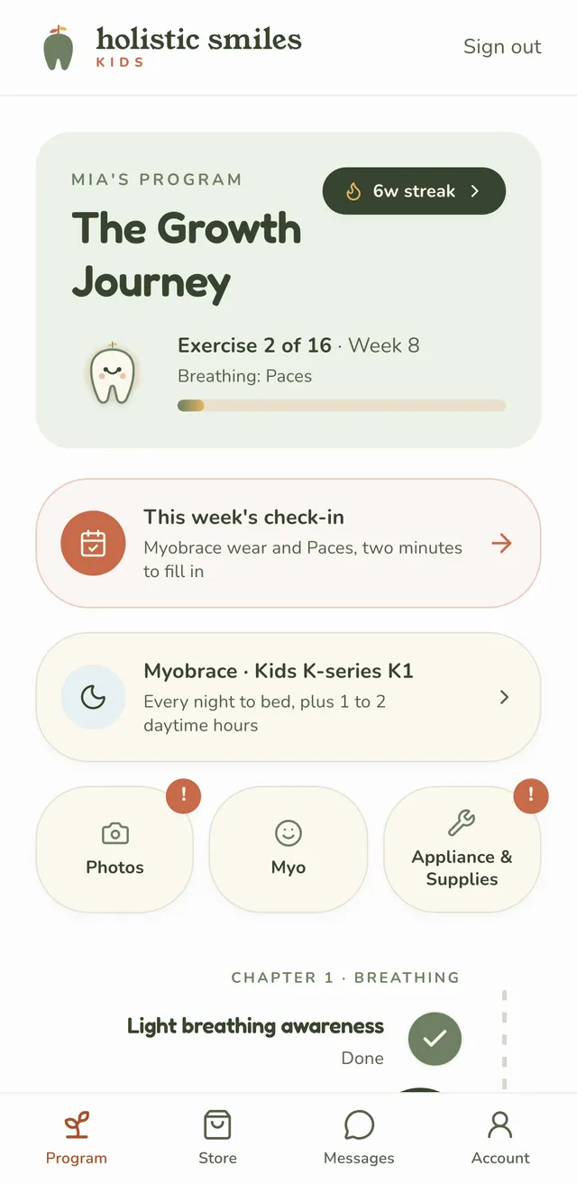 The parent app's Growth Journey: weekly check-in, HolisticBrace card and the exercise chain